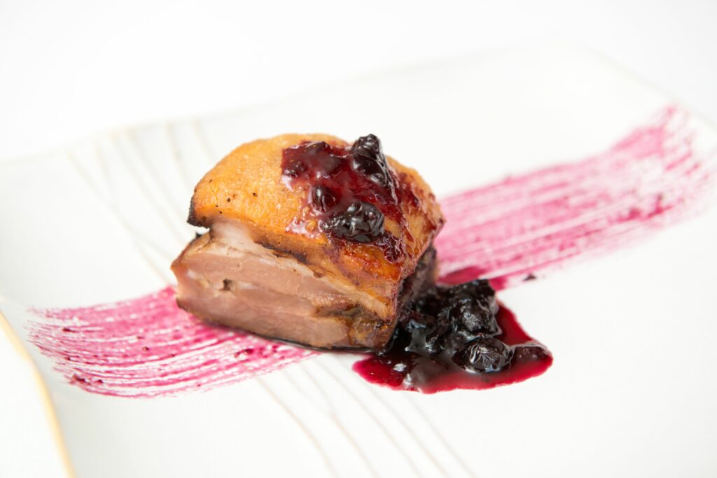 duck with cranberry sauce on dish