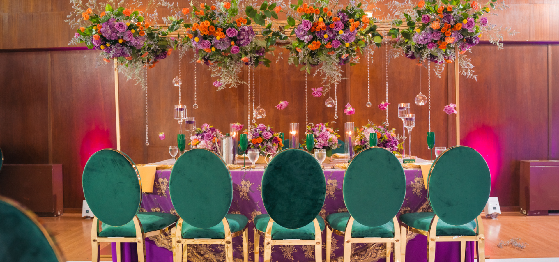 Artsy, maximalist, golden and green table setup