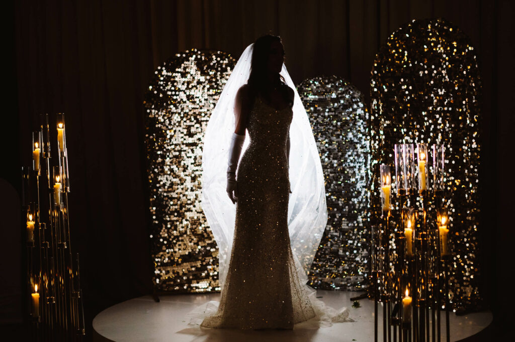 dramatic bride silhouette with sparkly background